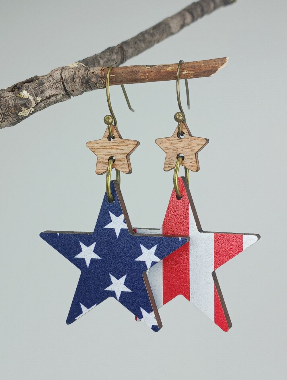 HAND CRAFTED Patriotic Red White Blue Wooden Star Earrings America 250 July 4th